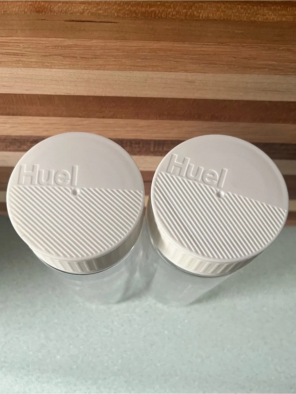 2 Huel Daily Greens Bottles BPA Free Clear with White Lid Dishwasher Safe 13.5oz